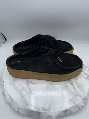 CLARKS Black Suede Wallabee Cup Lo Slip On Shoes-8.5M
